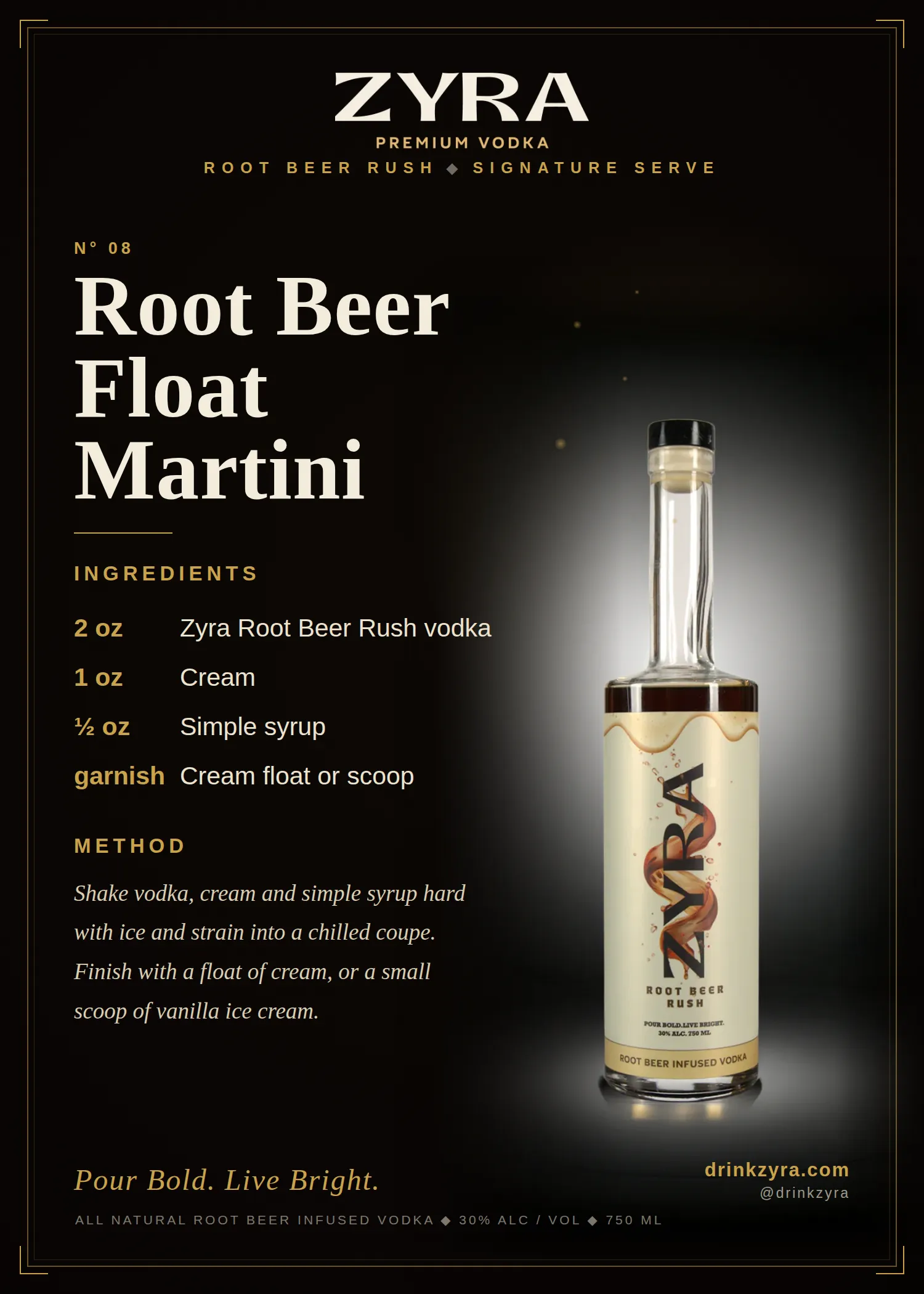 Zyra Root Beer Float Martini recipe card